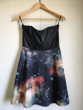 Faux Leather Bust Strapless Nebula Galaxy Mini Skater Dress USA Made